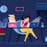 Burnout Illustrated Woman Sitting at Her desk Surrounded by Tasks with a Battery Icon Running Low.